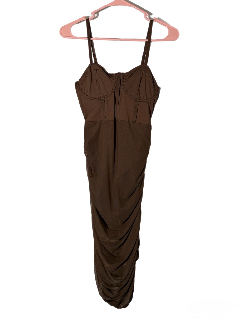 SHEIN Chocolate Brown Ruched Midi Bodycon Dress with Adjustable Straps